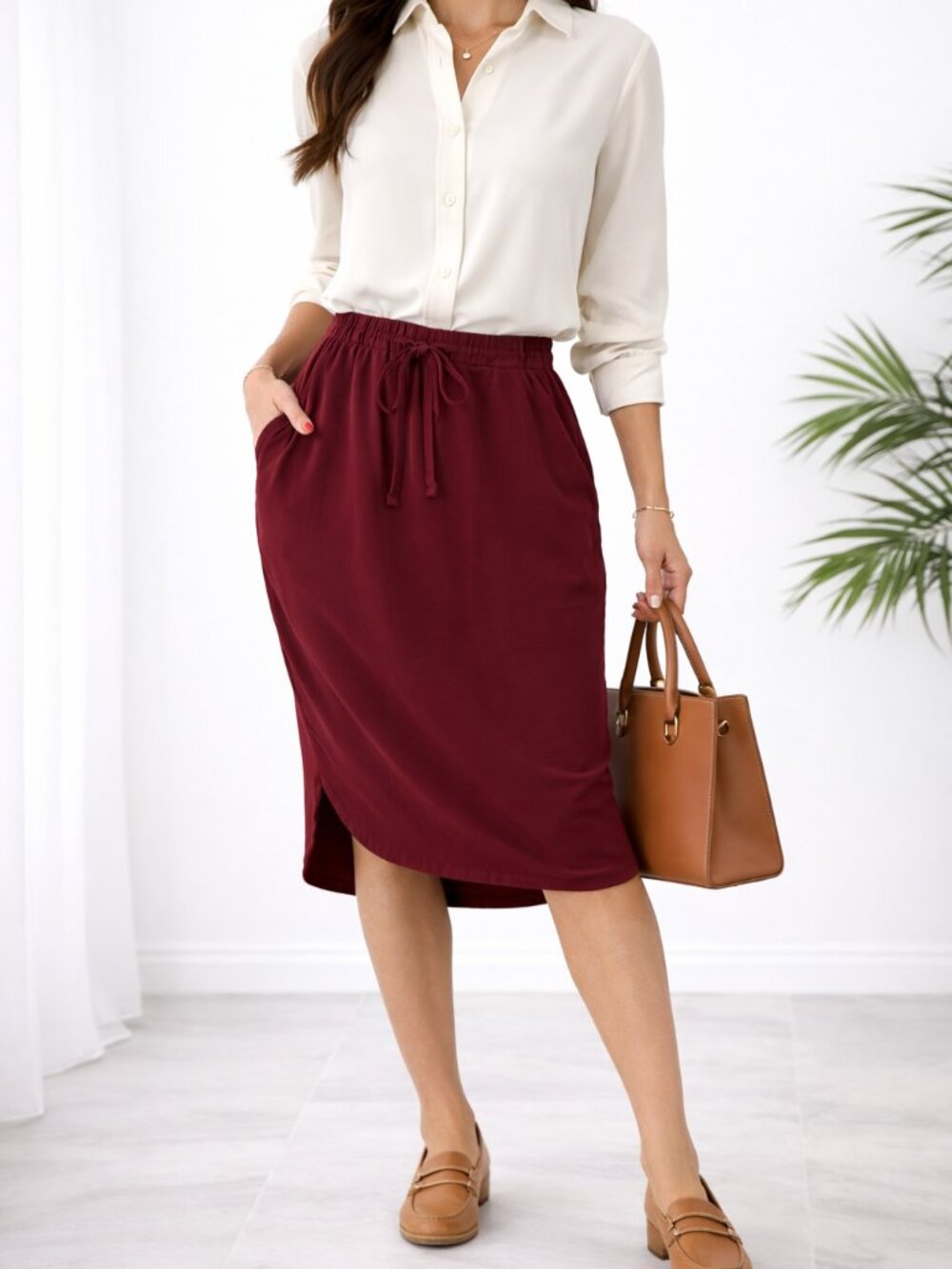 Burgundy Drawstring Midi Skirt (L) | Pocket High-Low Hem Casual Stretch Skirt